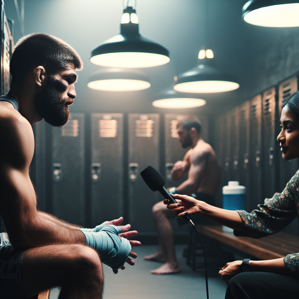 Kazakh MMA fighter giving candid post-fight interview in locker room, training season plans